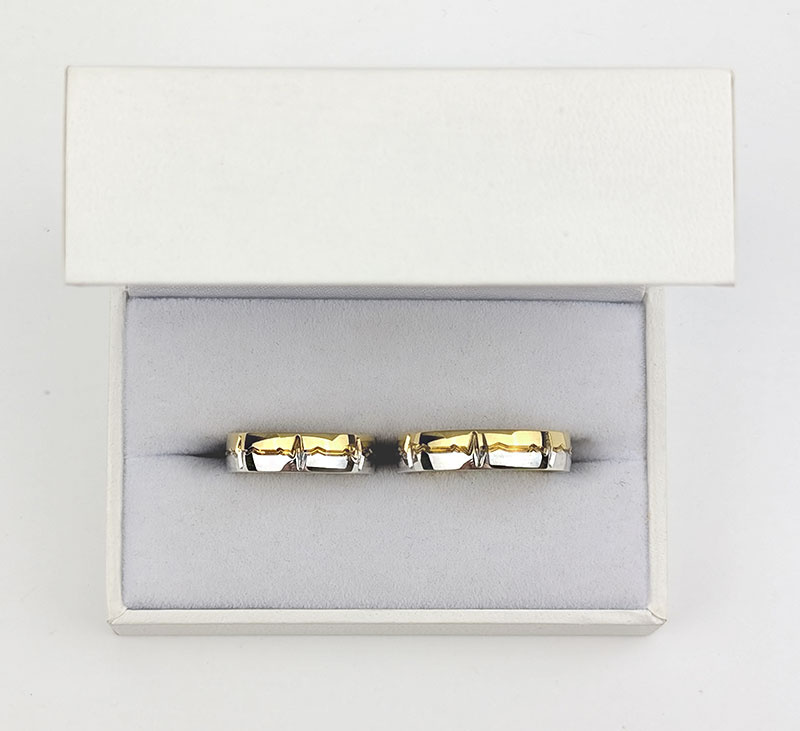 Obrączki ślubne półokrągłe 5mm z EKG dwukolorowe żółte i białe złoto próba 585