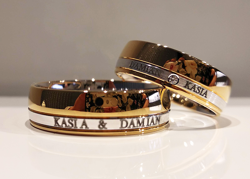 Nietypowe obrączki ślubne z imionami 6mm dwukolorowe żółte i białe złoto próba 585